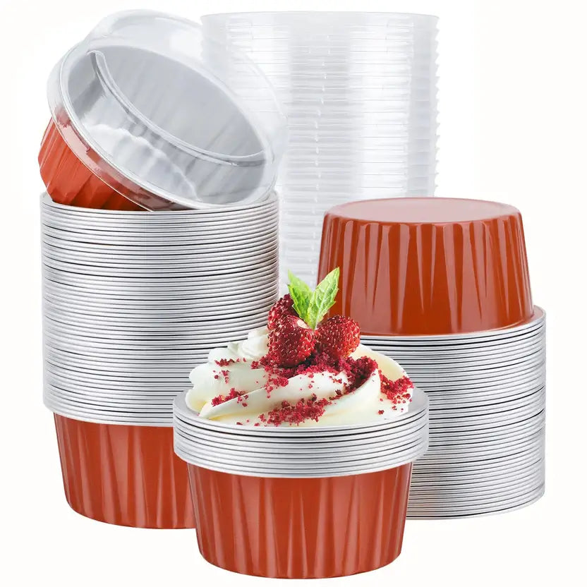 100-Pack 5oz Aluminum Foil Baking Cups with High Lids – Brick Red Ramekins