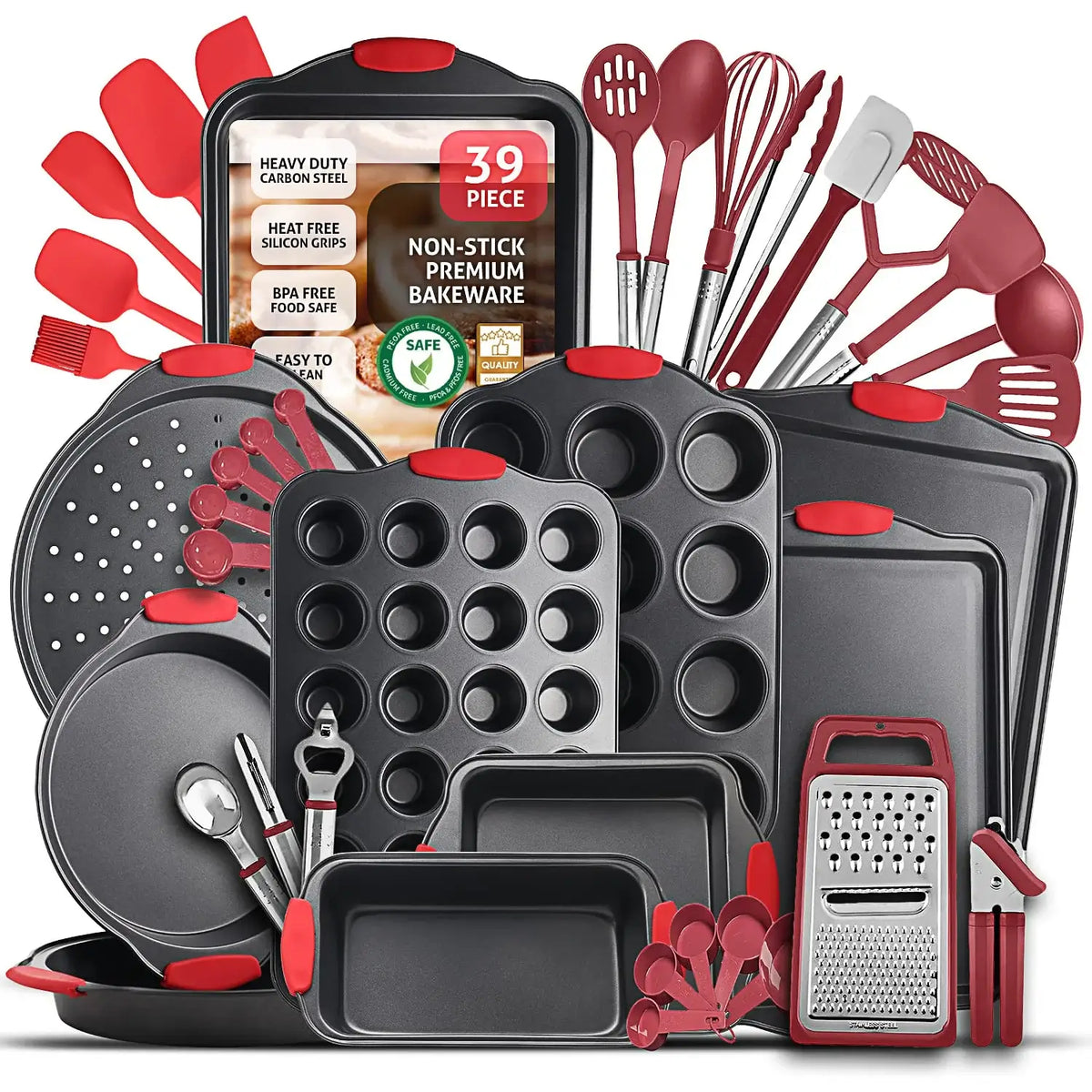 Ultimate 39-Pcs Nonstick Bakeware & Kitchen Utensils Mega Set – Red Silicone Grips